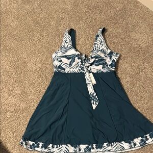 Teal and White Leaf Print Swim Dress